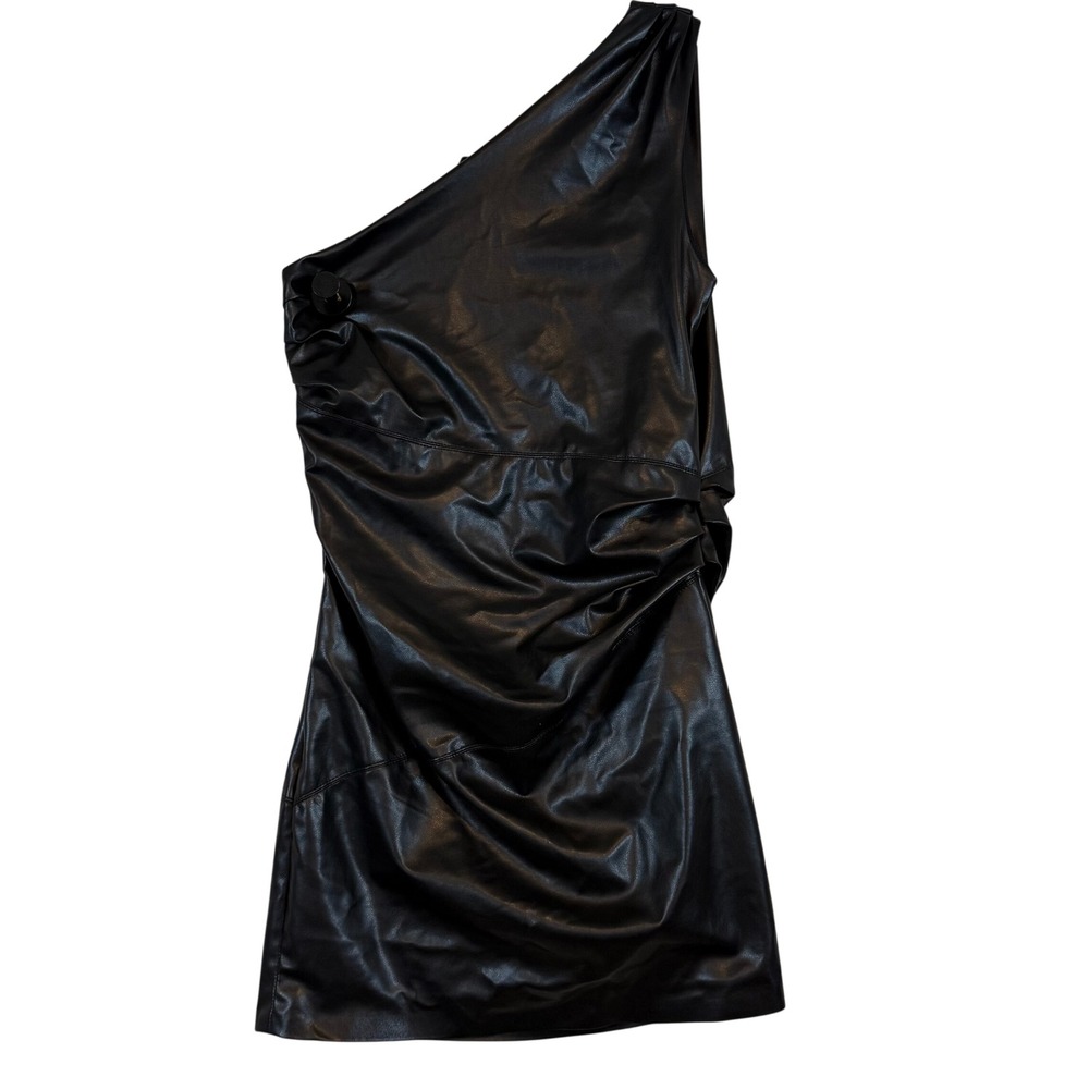 H&M Divided Black‎ Faux Leather One Shoulder Ruched Mini Dress Womens •M• Goth